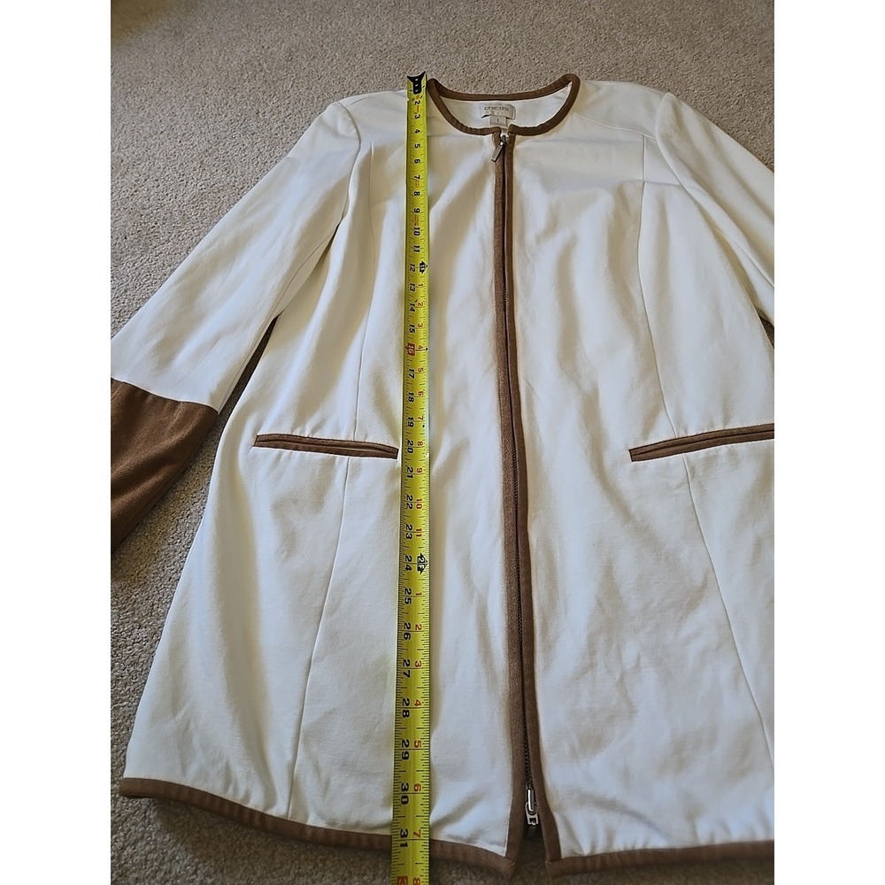 Chico's White Ponte Knit Suede Cuff Blazer Jacker Womens 1 Beige Brown Full Zip - Picture 11 of 16